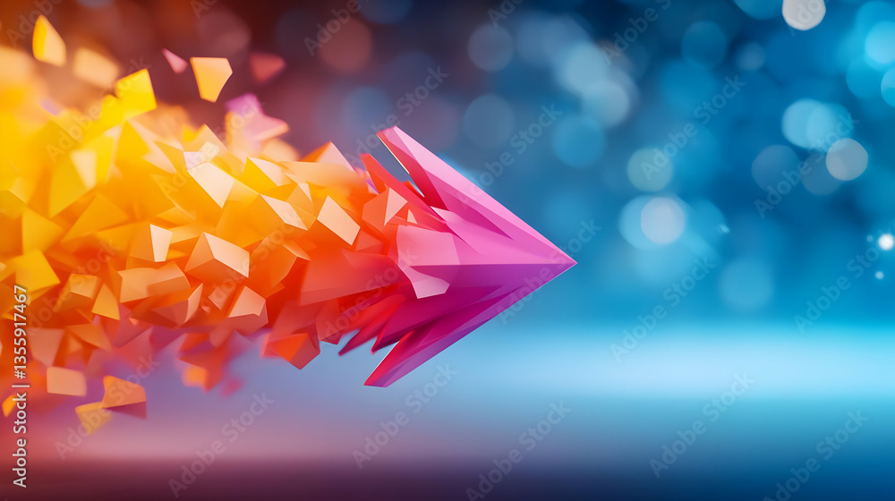 Poster a vibrant 3d arrow made of colorful geometric shapes, representing direction and movement in a creat