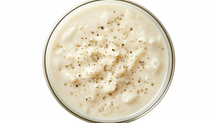 Creamy mashed potatoes in a bowl topped with cracked black pepper. Smooth texture and rich consistency, served as a side dish on white background.