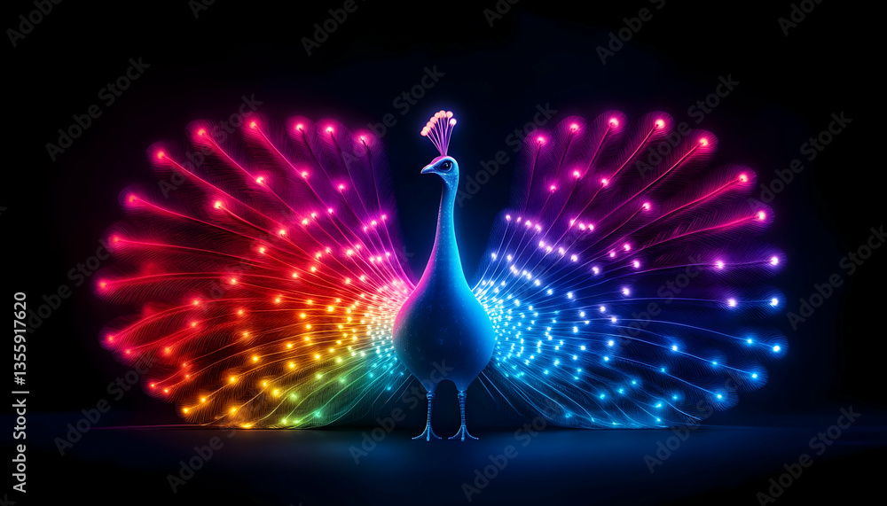 Poster a vibrant and colorful peacock displays its stunning feathers, illuminated in a beautiful array of l