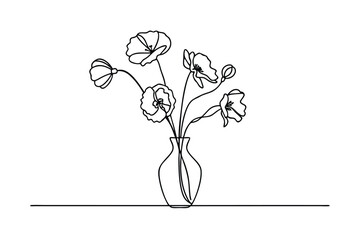 SingleLine Poppy Flower Bouquet in Simple Glass Vase Drawing