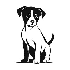 A black and white vector silhouette of a tiny dog with a sorrowful gaze, its tail wrapped around its body on a white background