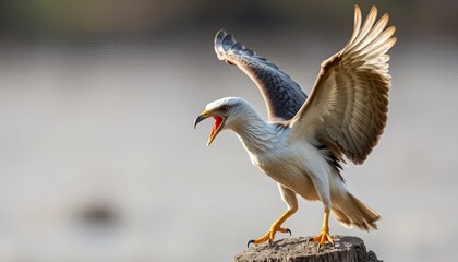 A striking bird of prey with wings spread wide, perched on a tree stump.