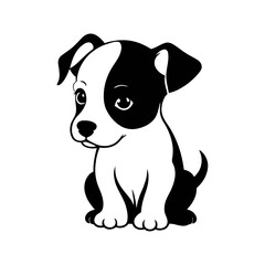 A black and white vector silhouette of a baby dog with a frown and slumped ears, sitting in a corner on a white background