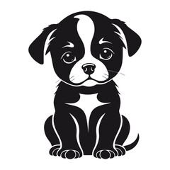 A black and white vector silhouette of a sad baby dog looking up with big, teary eyes on a white background