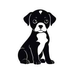 A simple black and white vector illustration of a baby dog sitting hunched over, expressing sadness on a white background