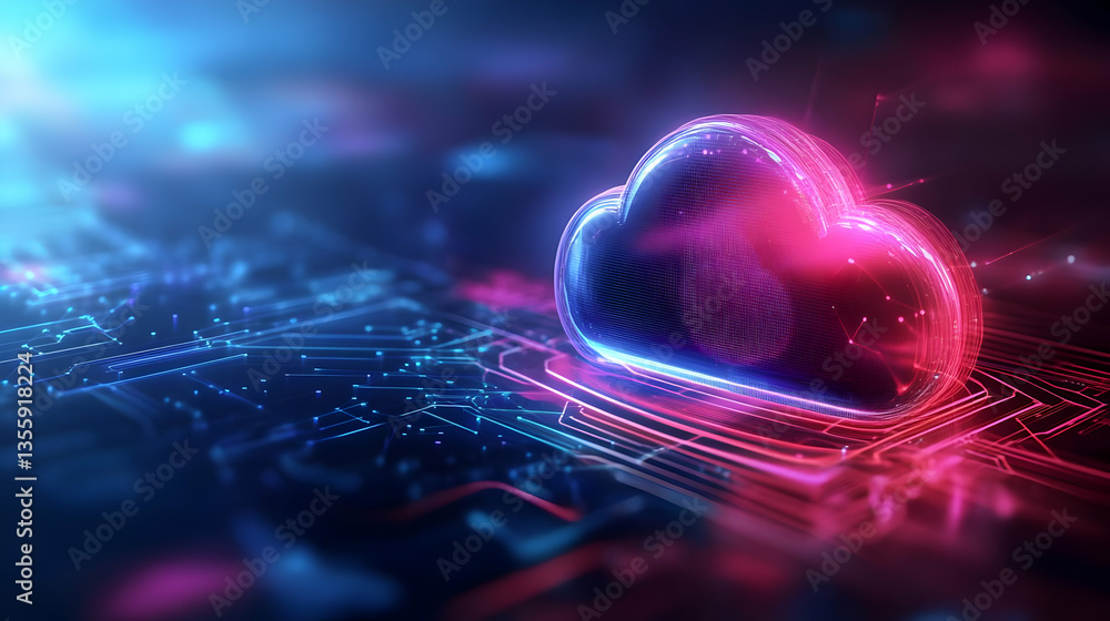 Poster a vibrant digital cloud representing data storage and connectivity on a futuristic circuit board bac