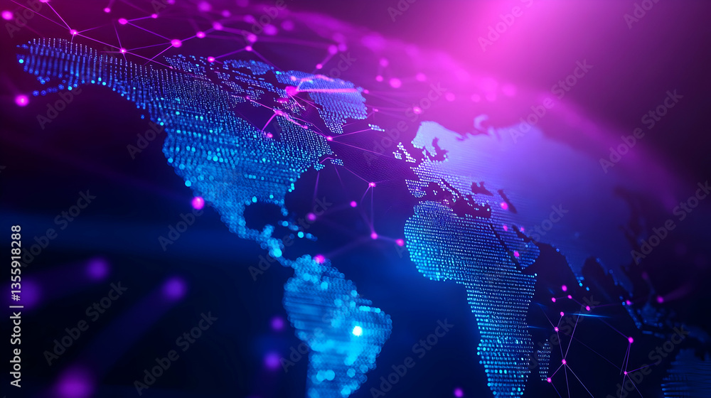 Poster a vibrant digital representation of a world map with interconnected nodes, showcasing global connect