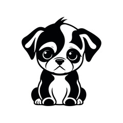 A black and white vector silhouette of a small, sad baby dog with drooping ears, set on a white background