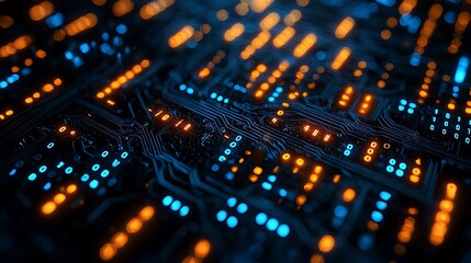 Illuminated circuit board with glowing pathways and nodes.