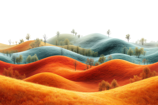 Vibrant hills with waves of color in shades of orange, blue, and green, illuminated by soft light.