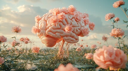 Blooming brain in a field of flowers at sunset.