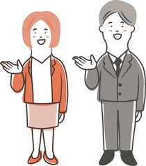 笑顔で案内をしている女性と男性会社員の鉛筆で描いた手書き風のシンプルな全身イラスト素材セット