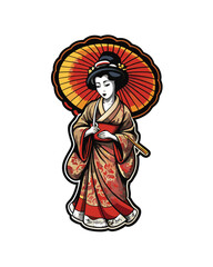 A serene geisha, elegantly poised, delicately holds a traditional Japanese shamisen,  dressed in a vibrant kimono against a soft, blurred background.