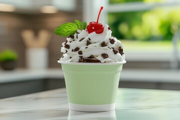 Delicious Chocolate Dessert with Cream, Cherry, Mint Leaf in Bright Kitchen Setting