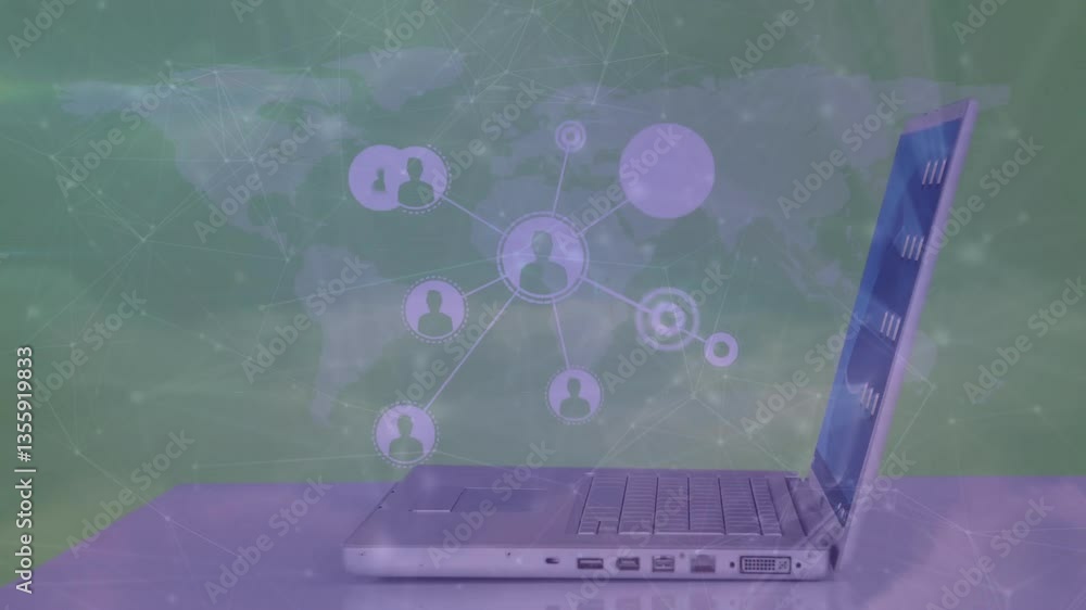 Poster laptop displaying network of connected people icons over world map animation