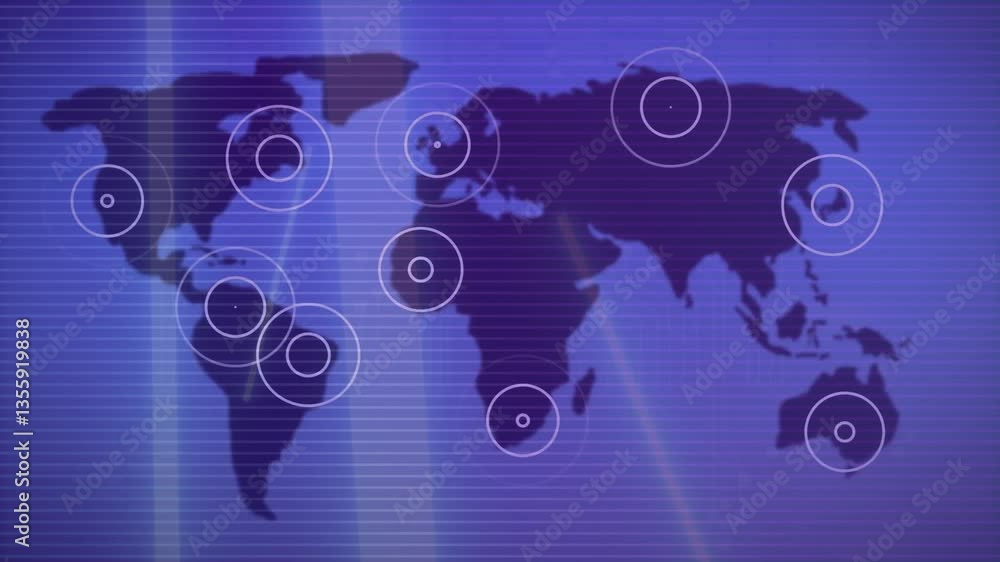 Poster animation of world map with circular target markers indicating global locations