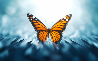 Naklejka premium Close-up of a vibrant orange butterfly perched on a delicate surface, showcasing intricate wing patterns against a soft blue background.