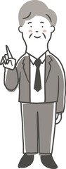 笑顔で指差ししているシニア男性会社員の鉛筆で描いた手書き風のシンプルな全身イラスト素材
