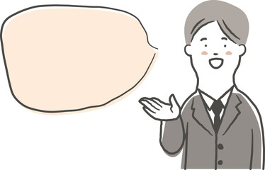 笑顔で案内をしている男性会社員の上半身と吹き出しの鉛筆で描いた手書き風のシンプルなイラスト素材
