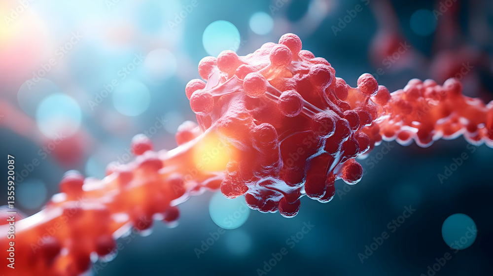 Poster close-up view of a red molecular structure showcasing intricate details and vibrant colors in a scie