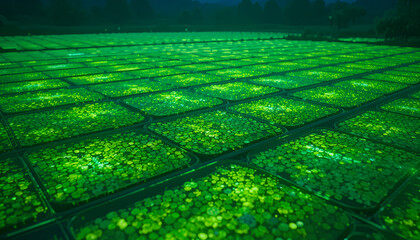 "An enormous bio-luminescent algae farm, producing sustainable biofuel while glowing with vibrant neon green and blue hues."
