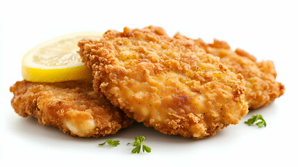 Fried chicken cutlets with golden crispy breading served with a lemon slice. Juicy and crunchy, perfect for lunch or dinner main dish.