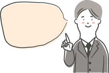 笑顔で指差ししている男性会社員の上半身と吹き出しの鉛筆で描いた手書き風のシンプルなイラスト素材