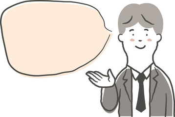 笑顔で案内をしている男性会社員の上半身と吹き出しの鉛筆で描いた手書き風のシンプルなイラスト素材