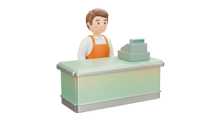 Isolated Shop Assistant Behind Counter with Cash Register
