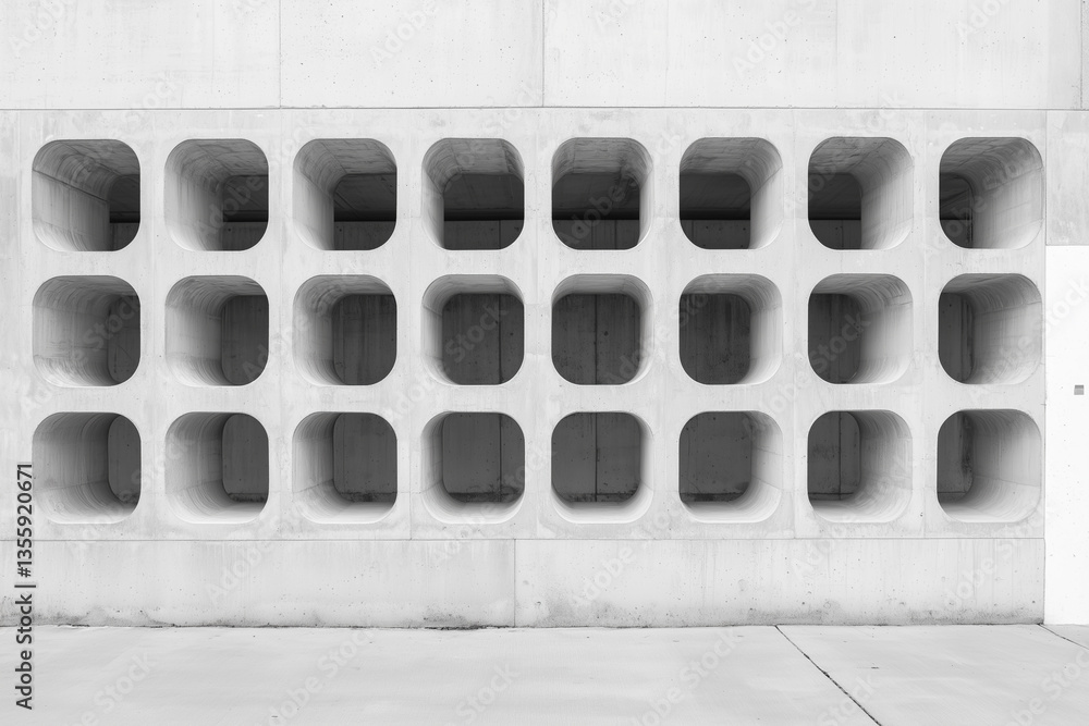 Poster modern concrete wall features grid of square openings, creating minimalist architectural design