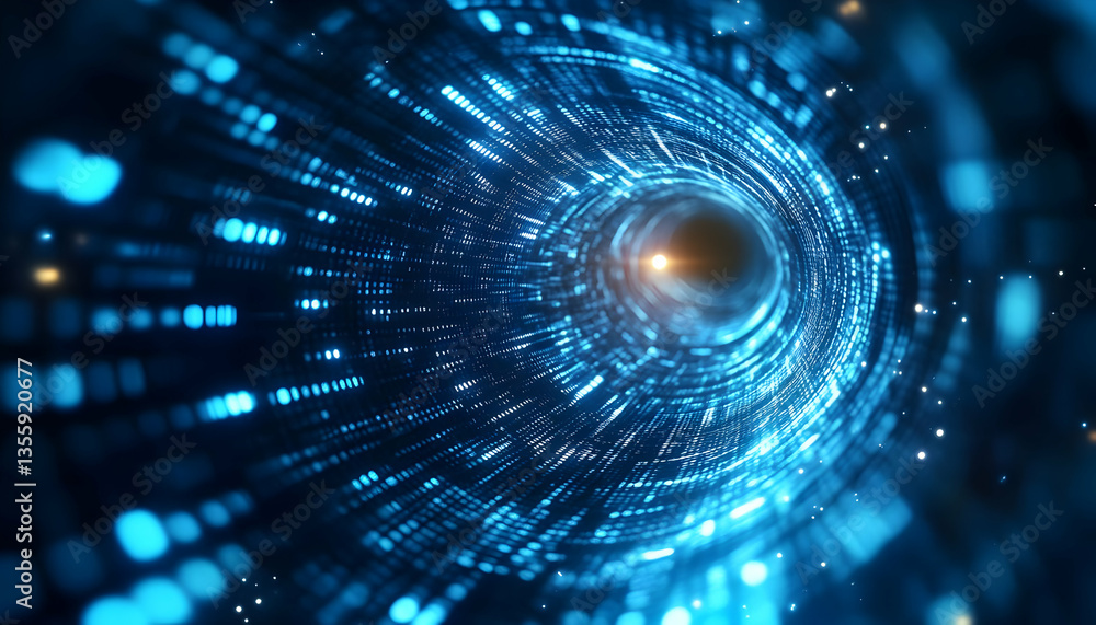 Poster futuristic abstract representation of a digital vortex with glowing particles swirling in motion, sy
