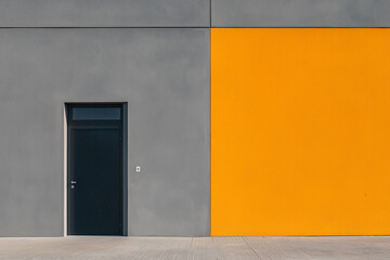 modern building facade with gray wall and vibrant yellow panel, featuring black door
