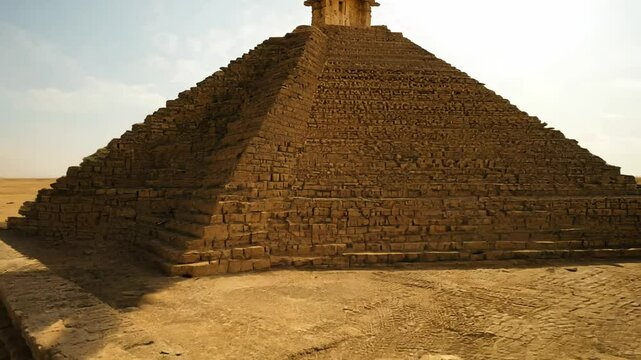 Camera slowly pans across a ziggurat with stepped platforms, mud-brick construction, and ancient carvings, hard light from above, overhead hard light casts deep shadows on the stepped levels