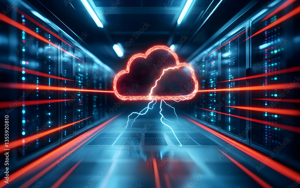 Poster futuristic server room with neon cloud symbol and lightning, representing advanced cloud computing a