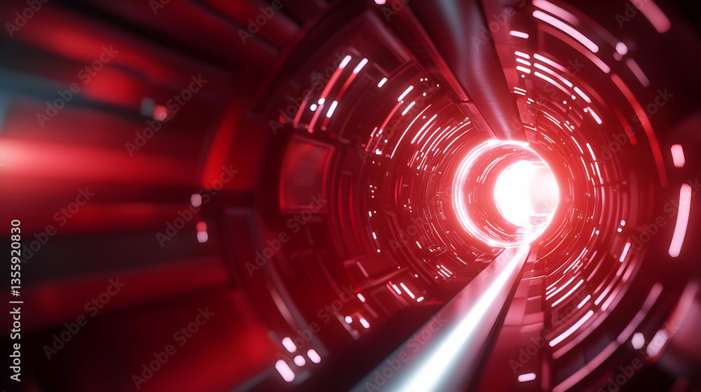 Poster futuristic tunnel with glowing red lights and soft pulsing effect, creating a sci-fi ambiance for va