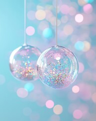 Fototapeta premium Shimmering Transparent Ornaments with Glitter Against Pastel Background
