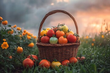 Colorful Tomatoes in Basket with Sunset Field.