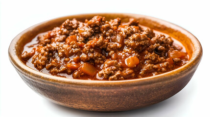 Ground beef stew with tomato sauce and chopped vegetables. Savory meat dish in a rustic brown bowl, rich and hearty texture perfect for comfort meals or topping pasta.