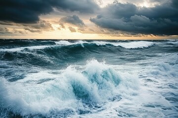 Fototapeta premium Ominous Skies and Turbulent Waters A Dramatic Seascape of Crashing Waves