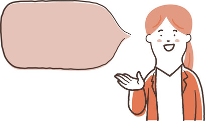 笑顔で案内をしている女性会社員の上半身と吹き出しの鉛筆で描いた手書き風のシンプルなイラスト素材