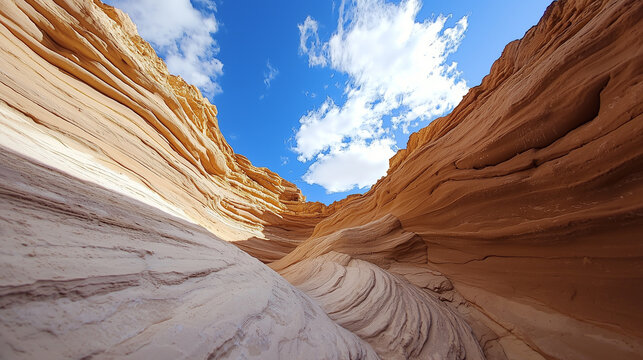 low camera angle reveals stunning fantasy dessert canyon with swirling rock formations