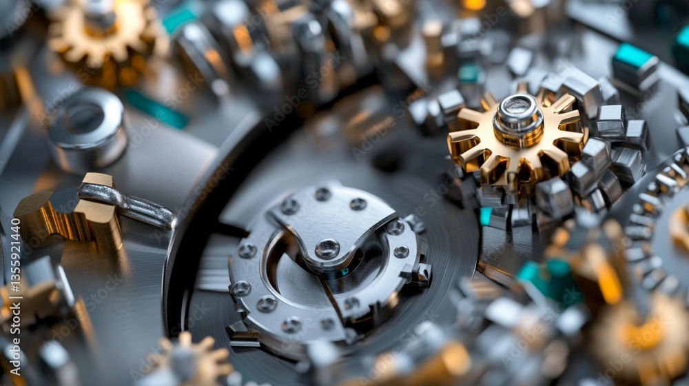 Poster close-up of intricate metallic gears and cogs interlocked, showcasing complex mechanism details.