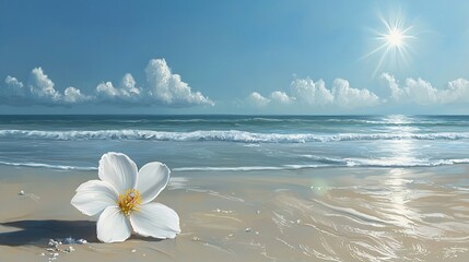 Single white flower on sunny beach.