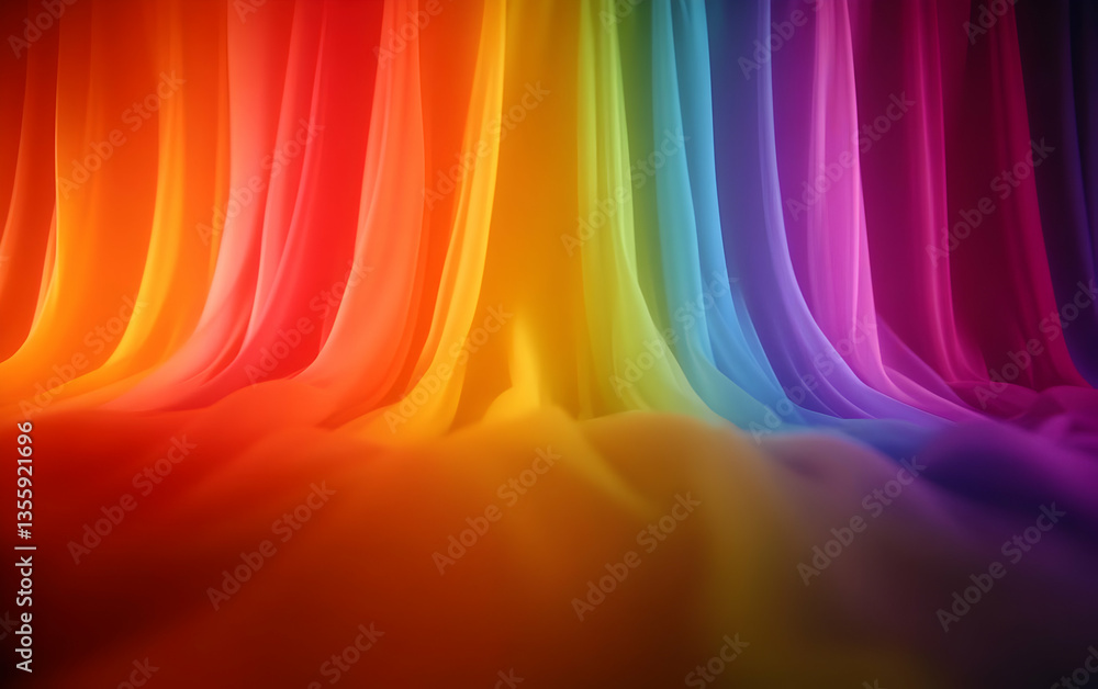 Poster vibrant rainbow fabric drapes flowing smoothly, creating a stunning visual display of colorful textu