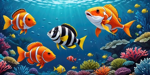 Naklejka premium Vibrant fish swimming through colorful coral reef under sunlit ocean water