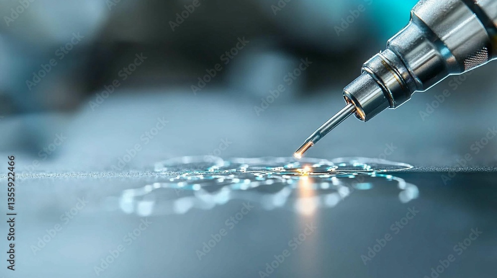 Poster close-up of precision tool engraving intricate design on metallic surface.