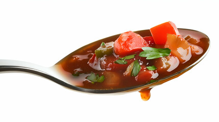 Spoonful of vegetable soup with tomato broth, showcasing colorful diced carrots, bell peppers, onions, and fresh herbs.