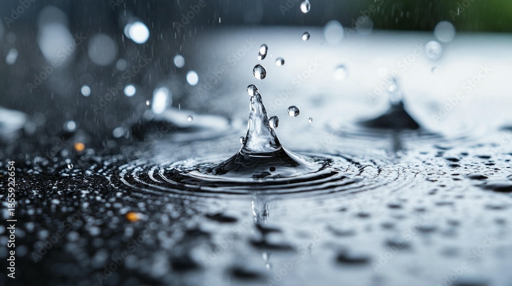 Poster close-up of raindrops impacting a dark surface, creating concentric ripples and splashes.