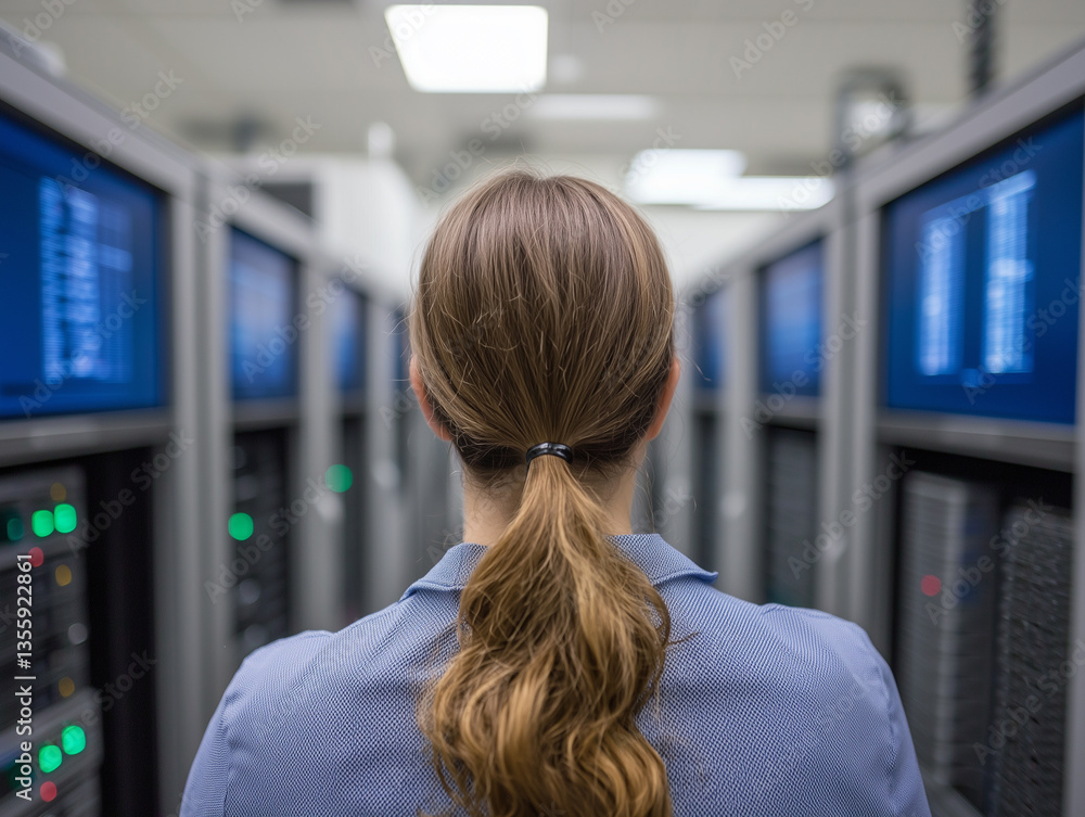 Poster woman with ponytail stands in data center, analyzing server racks