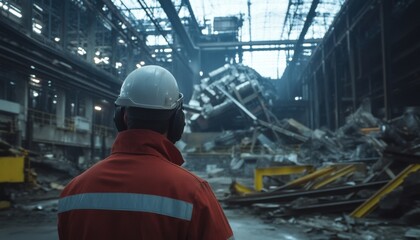 Industrial accident response factory warehouse photography urban environment overhead view safety assessment